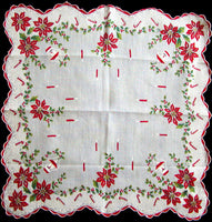 Christmas Holly, Lanterns & Poinsettias Vintage Handkerchief
