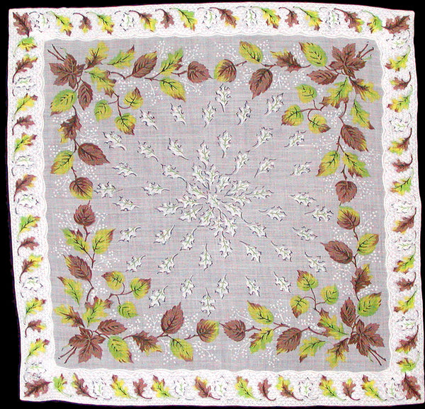 Leafy Replique Border Vintage Handkerchief New Old Stock