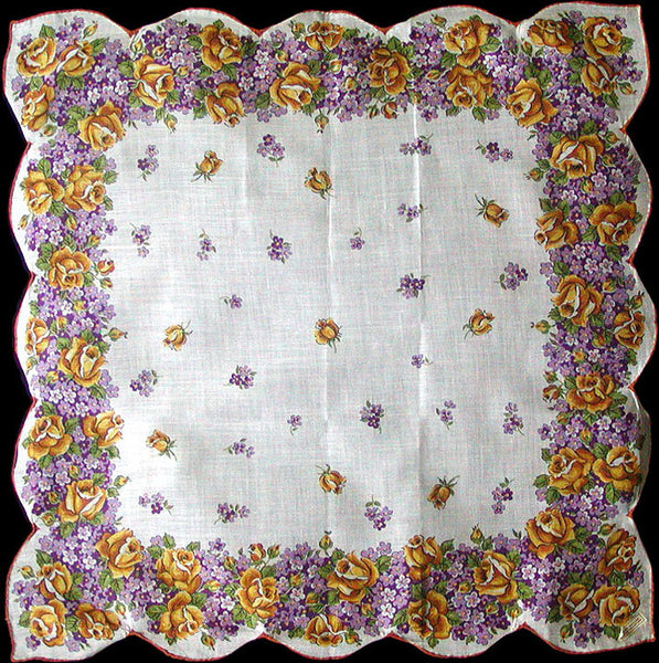 Violets Yellow Roses Vintage Handkerchief New Old Stock
