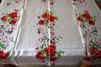 Red Shadow Roses Vintage Tablecloth, Linen 86x52