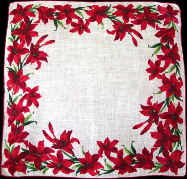 Red Lilies Border Vintage Linen Handkerchief w Hand Rolled Edges