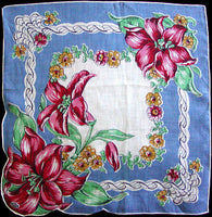 Red and Pink Lilies on Blue Irish Linen Vintage Handkerchief
