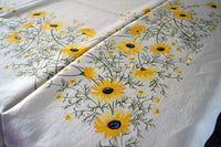 Black Eyed Susan Vintage Tablecloth, Linen 52x70