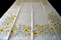 Black Eyed Susan Vintage Tablecloth, Linen 52x70