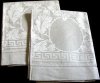 Oversize Antique Damask Acanthus & Greek Key Linen Towels, Pair
