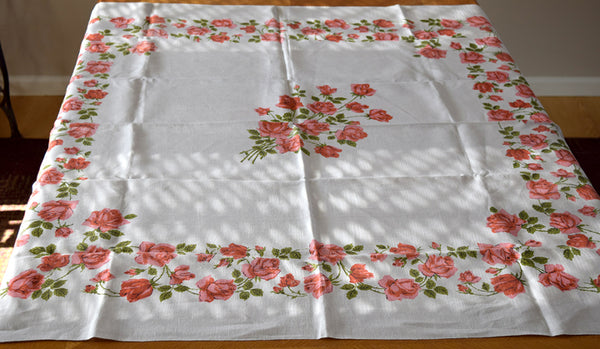 Coral Roses Vintage Tablecloth, Linen 50x50