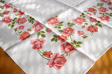 Coral Roses Vintage Tablecloth, Linen 50x50