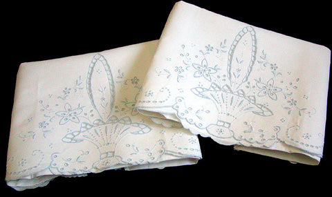 Vintage Pair Pillowcases Madeira Hand Embroidery Basket Design