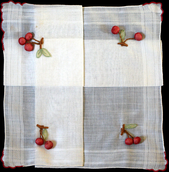 Dangling Cherry Appliques Vintage Handkerchief Madeira Portugal