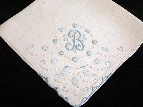 Madeira Blue Monogram B Vintage Linen Handkerchief