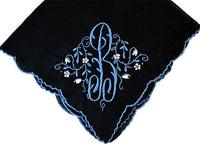 Monogram B on Black Vintage Handkerchief Madeira Blue Embroidery