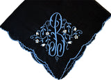 Monogram B on Black Vintage Handkerchief Madeira Blue Embroidery