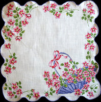Bow-tied Purple Flower Basket Vintage Handkerchief