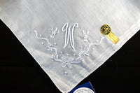 Monogram W Vintage White Linen Handkerchief Madeira Embroidery