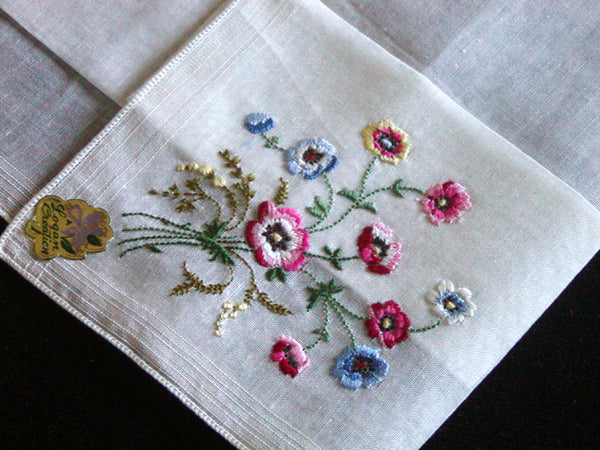 Multi-Colored Embroidered Posies Vintage Handkerchief