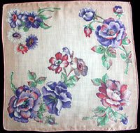 Purple & Pink Poppies on Rose Vintage Handkerchief