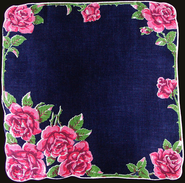 Pink Roses on Navy Vintage Linen Handkerchief, NOS