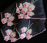 Madeira Pink Trembler Flowers on Black Linen Vintage Handkerchief, Anice