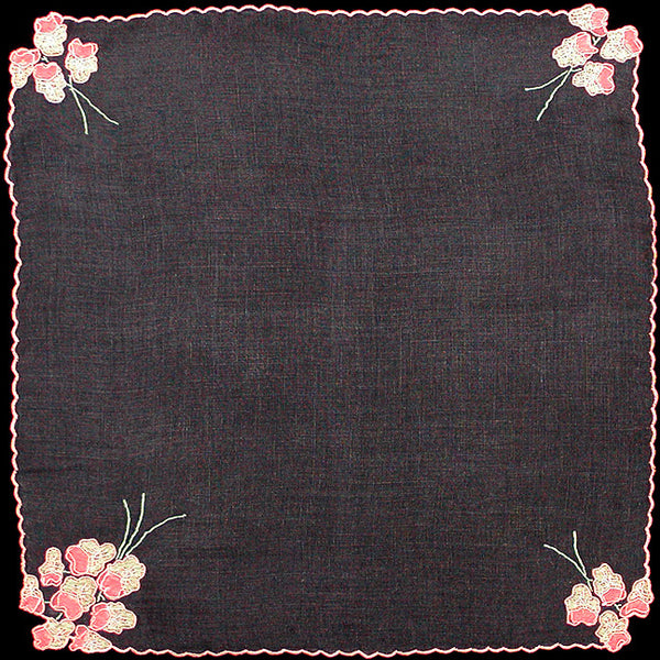 Madeira Pink Trembler Flowers on Black Linen Vintage Handkerchief, Anice