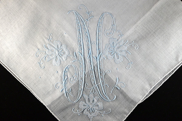 Monogram N Vintage Handkerchief Blue Madeira Embroidery
