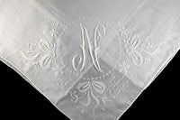 Monogram N Vintage Handkerchief White Madeira Embroidery