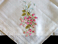 Pink Bow-Tied Roses Embroidered Vintage Handkerchief