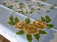 Dogwood and Roses on Blue Vintage Simtex Tablecloth 48x52