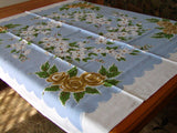 Dogwood and Roses on Blue Vintage Simtex Tablecloth 48x52