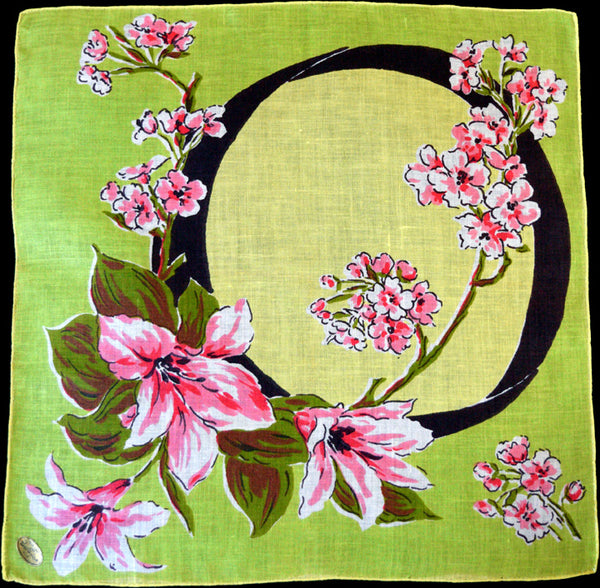 Pink Lilies on Lime Irish Linen Handkerchief
