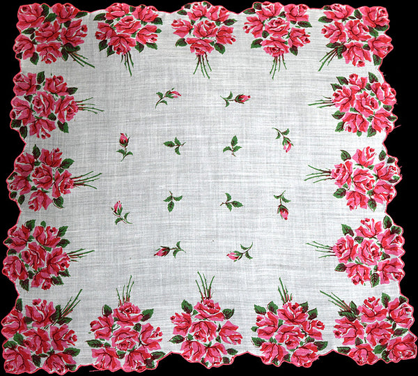 Border of Dark Pink Rose Nosegays Vintage Handkerchief
