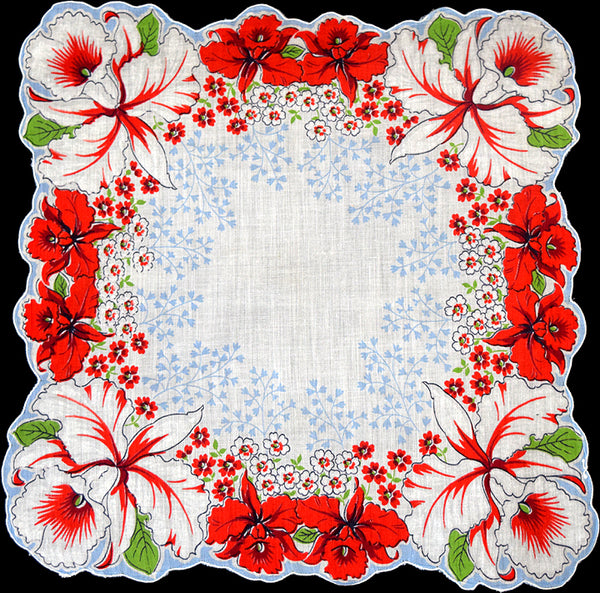 Orchids in Red & White Vintage Handkerchief