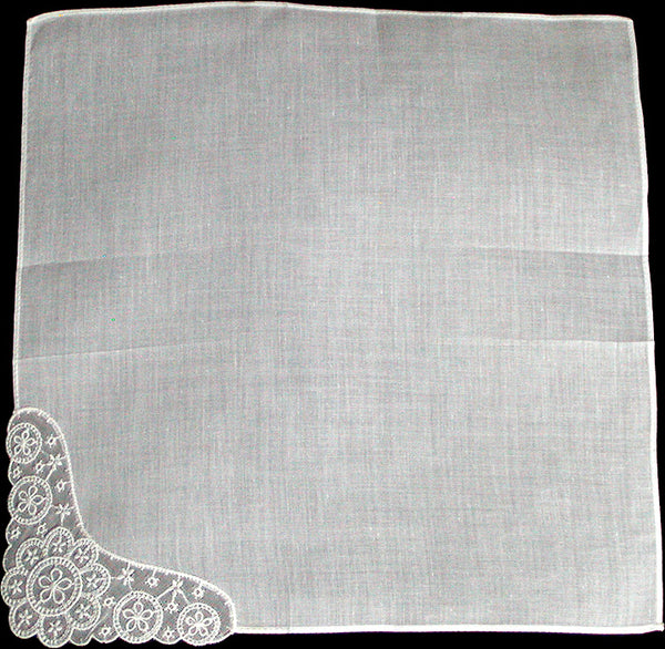 Fancy Embroidered White Organdy Corner Vintage Handkerchief