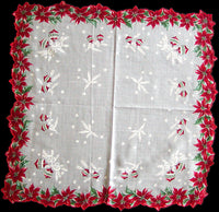 Christmas Ornaments & Poinsettias Vintage Handkerchief