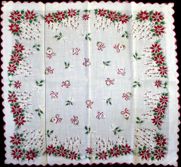 Gilded Poinsettias & Christmas Ornaments Vintage Handkerchief