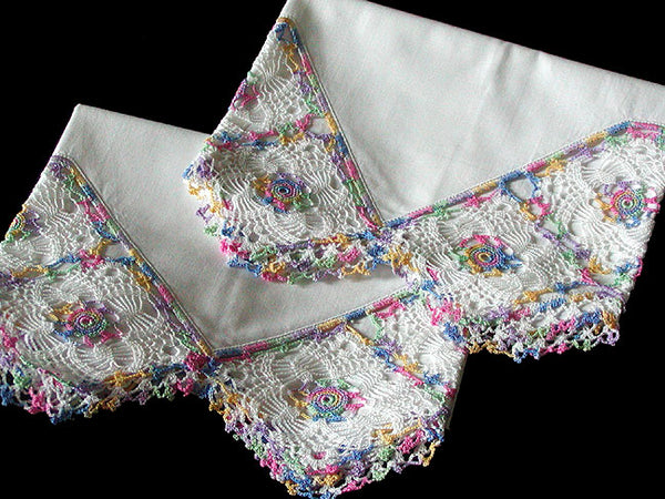 PR Vintage Pillowcases, Multicolor Crochet Lace, Tubing