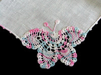 Blue & Pink Variegated Crochet Lace Butterfly Vintage Linen Handkerchief