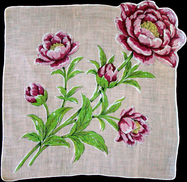 Pink Peonies on Irish Linen Vintage Handkerchief Hand Rolled