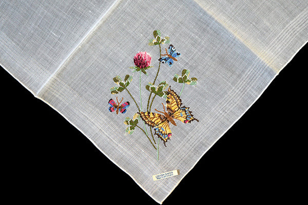 Butterflies Petit Point Embroidered Vintage Handkerchief