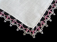 Pink & White Tatting Vintage Irish Linen Handkerchief