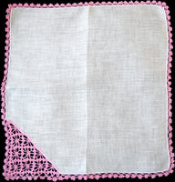 Fancy Pink Crochet Lace White Irish Linen Vintage Handkerchief