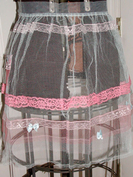 Sheer Frilly Pink Blue Tulle w Lace, Bows Vintage Hostess Apron