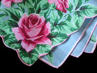Pink Roses on Blue Vintage Linen Handkerchief