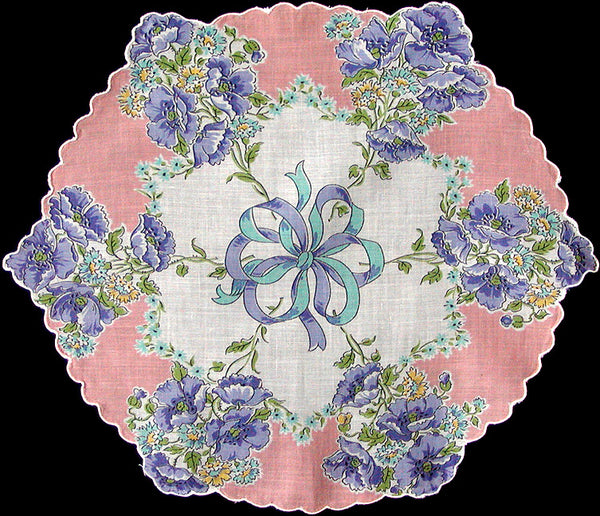 Round Vintage Handkerchief Poppies & Bow