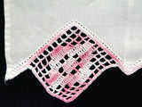 White Linen Vintage Guest Hand Towel w Pink Crochet Lace Trim