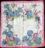 Pink Mother Basket of Carnations Vintage Handkerchief
