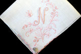 Monogram N Vintage Linen Handkerchief Pink Madeira Embroidery