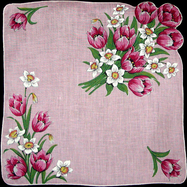 Pink Tulips White Daffodils Vintage Irish Linen Handkerchief