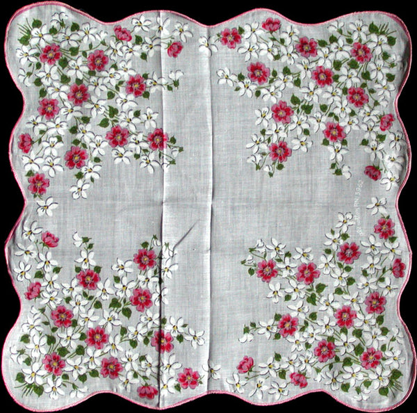 Pink Anemones and White Flowers Vintage Floral Handkerchief