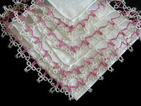 Pink & White Tatting Vintage Irish Linen Handkerchief