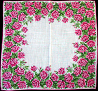 Pink Rose Border Vintage Handkerchief, Burmel